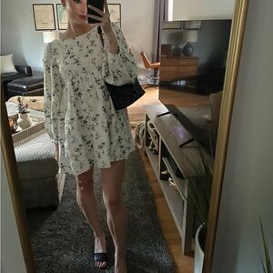 Reformation linen white floral long-sleeved mini dress